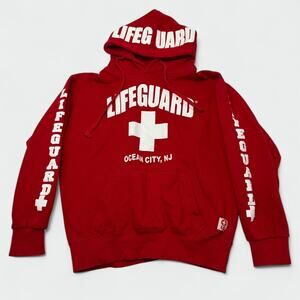 Lifeguard Hoodie Mens Small Red Ocean City NJ Pullover Graphic Fleece Sweatshirt
